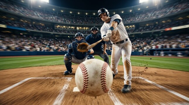 A focused baseball player in action, hitting a powerful home run in a packed stadium under bright lights.