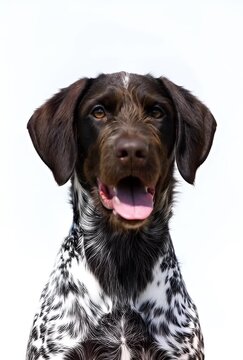 Wirehaired Pointer Portrait Closeup On White Studio Backdrop