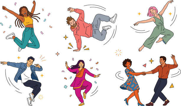 Dancing people clipart collection featuring joyful jumping freestyle moves partner dance celebration and diverse happy characters vector illustration set