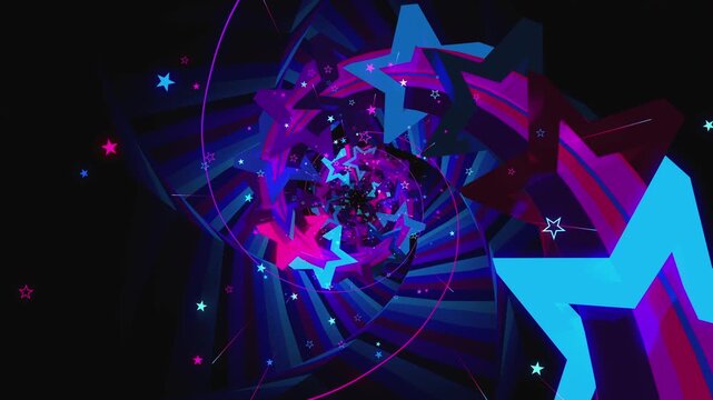 Abstract digital VJ loop vortex made of twisting lattice segments, spiral star arrays and complex data structures, creating deep astrophysics science background