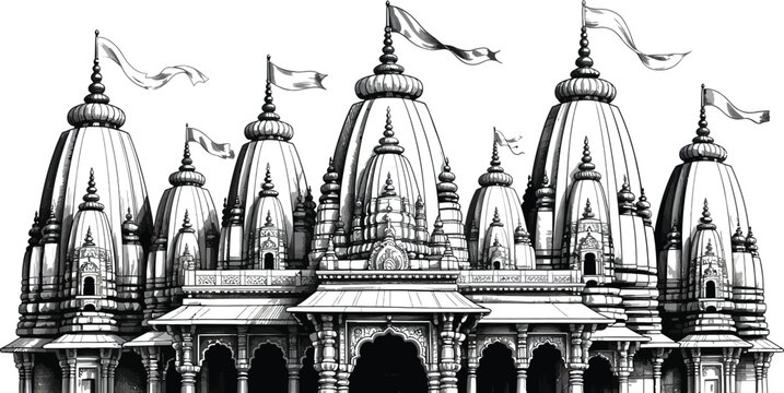 Hindu temple, Indian architecture, black and white illustration, vector, religious building
