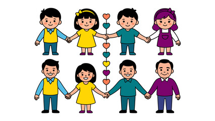 Fototapeta premium Childhood Companionship: Two rows of charming, illustrated children, holding hands and displaying colorful heart-shaped decorations, symbolizing unity and friendship.