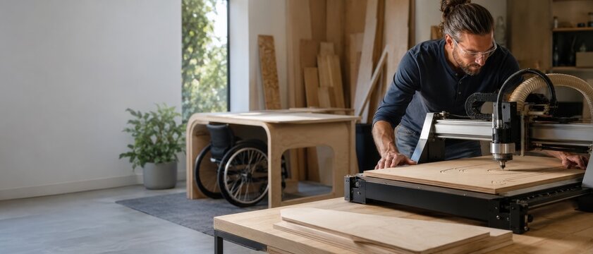 Craftsman operating CNC router in a wood workshop