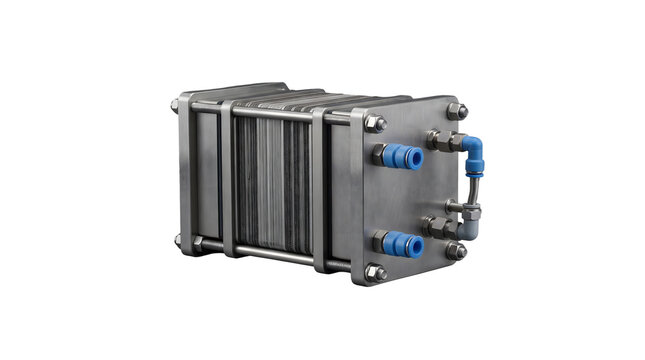 Industrial product photograph of a generic PEM hydrogen electrolyzer stack module