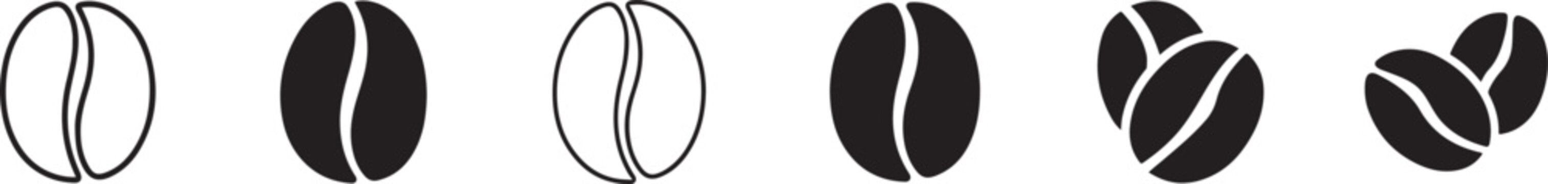 Coffee Bean Set Black Silhouette and Outline Vector Collection.