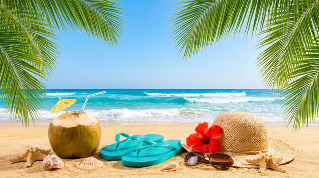 Relaxing beach scene with flip flops, coconut, and flowers