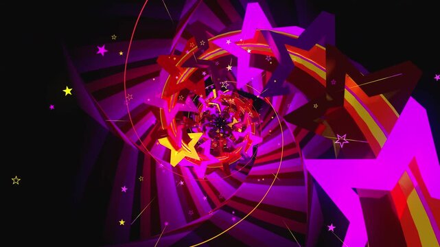 Abstract digital VJ loop vortex made of twisting lattice segments, spiral star arrays and complex data structures, creating deep astrophysics science background