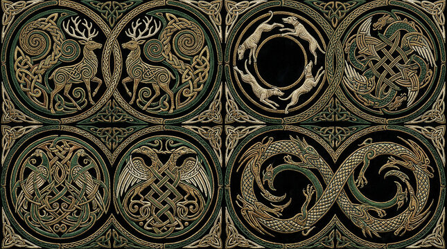 Celtice animal embroidery tiles with stags hounds birds and dragons in traditional knotwork green and gold thread.