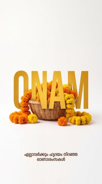 3D yellow Onam typography and fresh marigold garland in a woven basket with a traditional Malayalam greeting, isolated on a clean white background. Vertical Kerala harvest festival concept with copy s