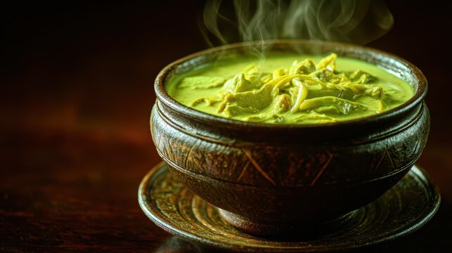 Steaming Green Curry Bowl: A rustic ceramic bowl filled with a fragrant, steaming green curry, its rich aroma tantalizing the senses, served on a wooden surface.
