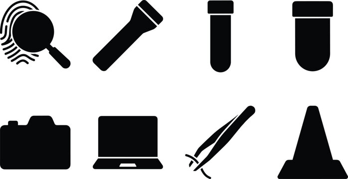 Forensic science and crime scene investigation icon set featuring evidence collection tools vector silhouettes