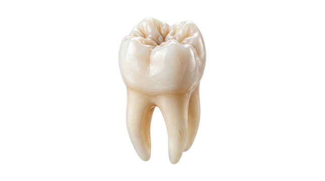 Anatomical human molar tooth on white background, realistic dental crown and root structure, professional dentistry and oral health concept