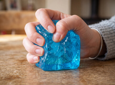 Close-up of a hand squeezing a blue ice cube squishy toy, representing stress relief, sensory play, relaxation, and tactile fidget therapy