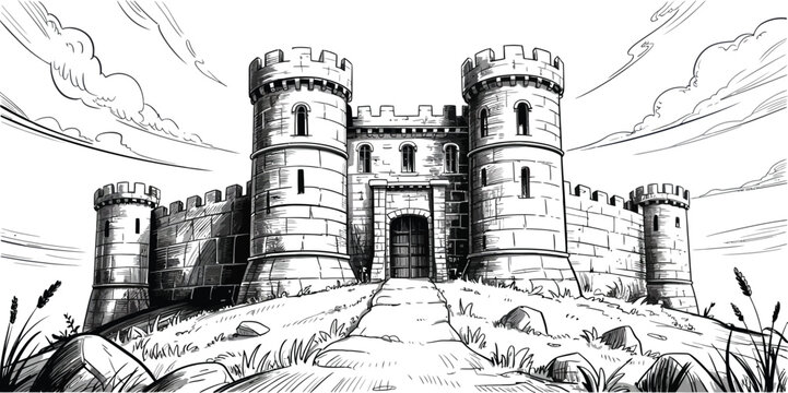 Medieval castle, stone fortress, tower stronghold, black and white vector illustration