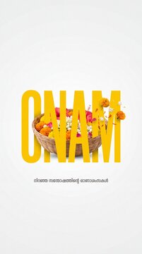 Vertical 3D yellow Onam typography overlapping a woven basket of colorful flower petals with flying floral elements. Kerala harvest festival greeting with Malayalam text isolated on a white background