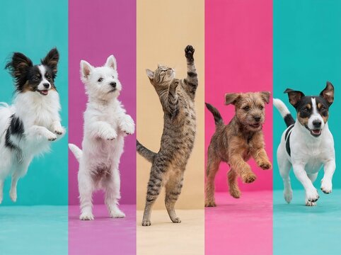 Close up of playful cats and dogs jumping against colorful background