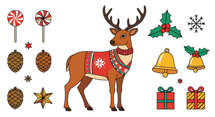 Fototapeta premium Cartoon Christmas reindeer wearing a red patterned festive sweater.