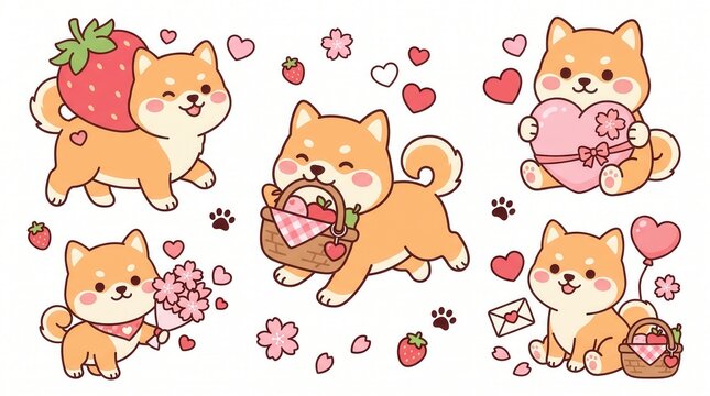 Cute Shiba Inus carrying strawberries, holding flowers, and presenting sweet gifts