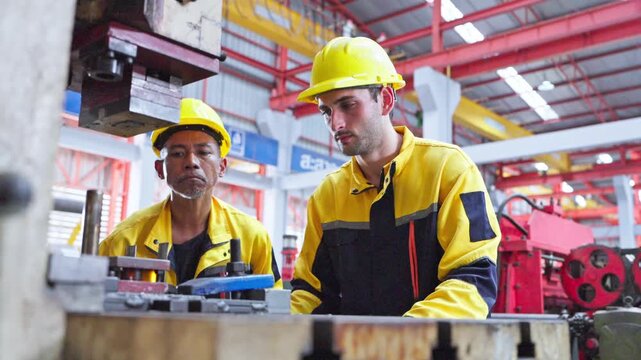Two experienced professionals working together on equipment in a manufacturing workshop setting
