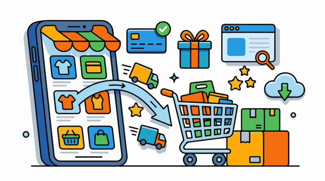 Colorful illustration of mobile shopping with phone cart and boxes