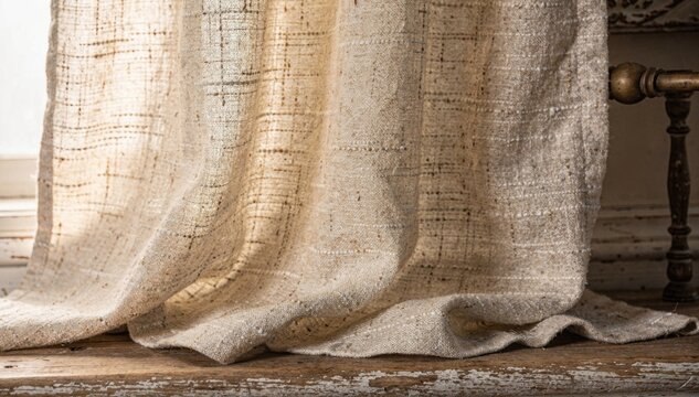 Textured slub linen blend drapery medium shot emphasizing rustic charm and irregular weave pattern perfect for vintageinspired decor.