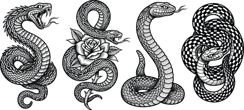 Vintage snake and rose tattoo flash art collection with detailed hand drawn linocut engraving style serpent vector illustrations.