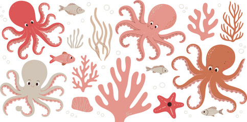 Cute hand drawn collection of various colorful octopuses with sea creatures and coral reef elements on white background © Hena