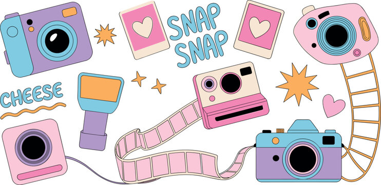 Cute hand drawn collection of colorful vintage cameras with polaroid photos and photography elements on white background