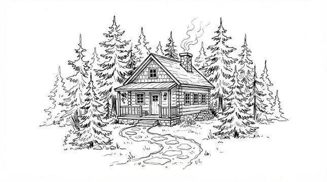 Hand drawn ink sketch vector of a country house in pine tree woods