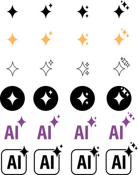 Flat icon set of AI sparkle symbols featuring solid, outline and badge variations in black, orange and purple for technology design