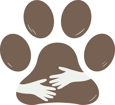 Flat illustration of a paw print depicting human hands embracing for pet care and animal welfare design