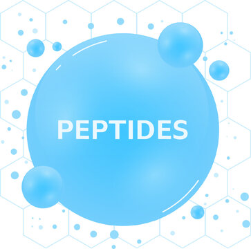 Glossy 3D illustration of peptides molecule depicting blue spheres and hexagonal structure for science and cosmetic design