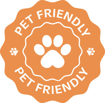 Flat badge illustration of a pet friendly seal depicting a paw print emblem with decorative scalloped border for animal welcoming signage