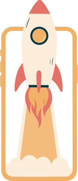 Flat illustration of a rocket launching out of a smartphone depicting startup and mobile app launch concept for technology and business design