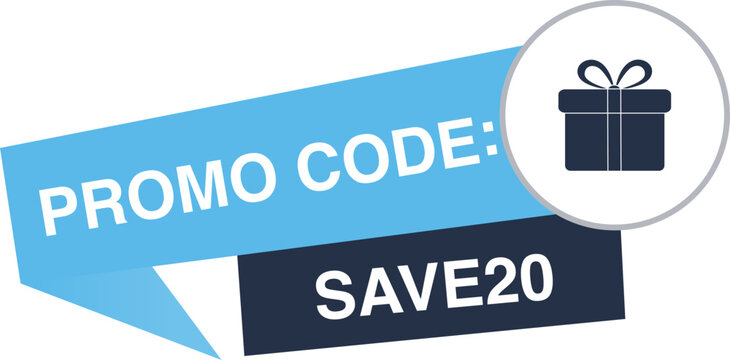 Flat illustration of a promotional code banner depicting a discount offer with gift box icon for retail and marketing design