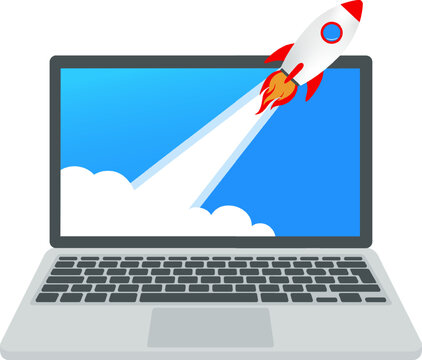 Flat illustration of rocket launching from laptop screen depicting startup and technology concept for business design