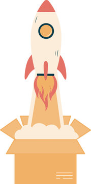 Flat illustration of a rocket launching out of a cardboard box depicting startup and innovation concept for business design