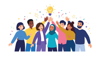 Fototapeta premium Diverse group of happy people high five celebrating success in flat vector illustration