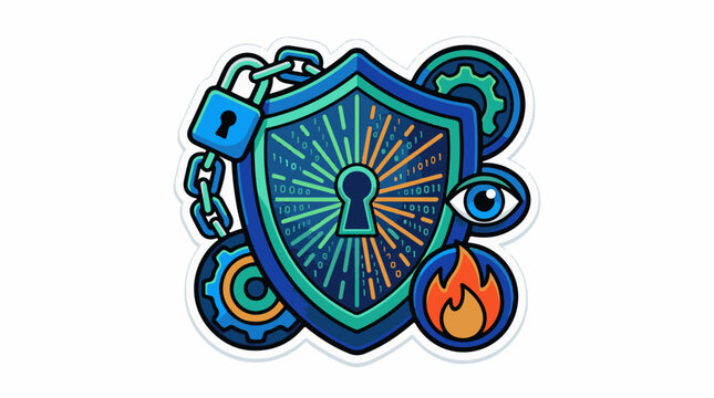 A shield with a keyhole and binary code surrounded by a lock chain gears eye and flame
