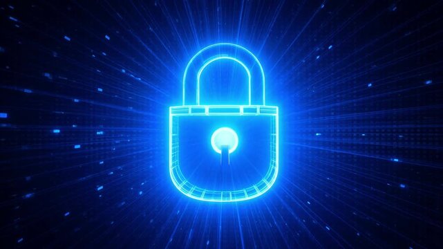 Digital cyber security padlock with glowing data network background, animation data protection