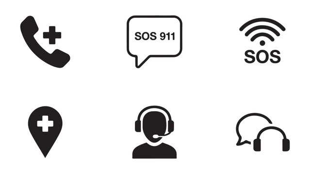 emergency and help service icons including phone, SOS, medical cross, location, and customer support symbols