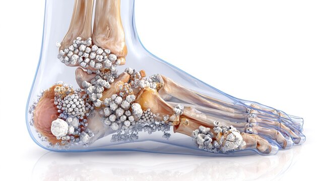 Realistic medical 3D illustration of human joint inflammation caused by gout disease, painful uric acid crystal buildup in toe joint, anatomical close-up showing swollen tissue, medical infographic