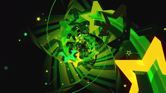 Abstract digital VJ loop vortex made of twisting lattice segments, spiral star arrays and complex data structures, creating deep astrophysics science background