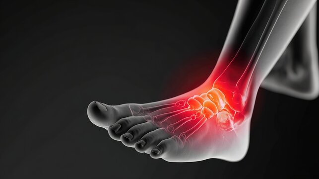 Realistic medical 3D illustration of human joint inflammation caused by gout disease, painful uric acid crystal buildup in toe joint, anatomical close-up showing swollen tissue, medical infographic