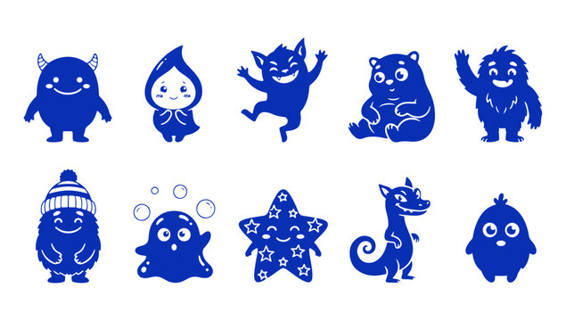 Cute Blue Cartoon Monster Characters Vector Set for Children's Fun Design Projects