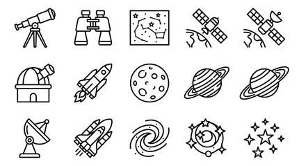Sleek Black and White Line Art Icons Set Featuring Telescopes Spacecraft Planets Stars and Astronomy Symbols © jeng