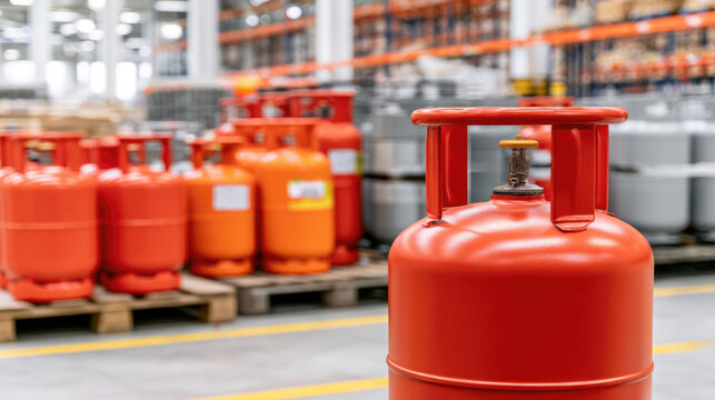 Gas distribution. LPG cylinders are stored in a warehouse for inventory management, safe storage, industrial supply, energy distribution, and logistics operations.