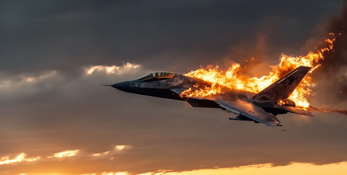 A military fighter jet engulfed in intense flames