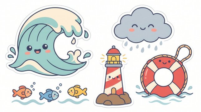 Smiling ocean wave, three swimming fish, a raining cloud, a bright lighthouse, and a life ring