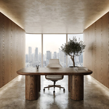 Scandinavian executive office interior with a large wooden desk and city view architectural visualization architecture